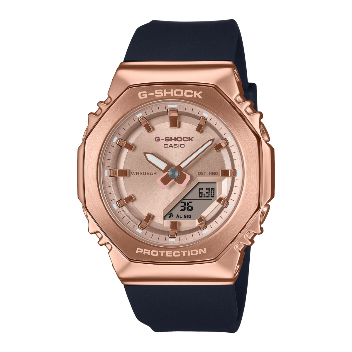 Damski zegarek G-Shock z kopertą w kolorze różowego złota i czarnym silikonowym paskiem