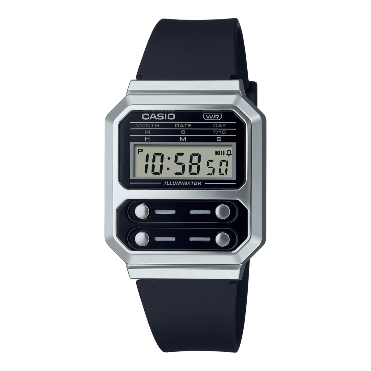 Zegarek cyfrowy unisex Casio ze srebrną kopertą, ciemnym paskiem i podświetlanym wyświetlaczem