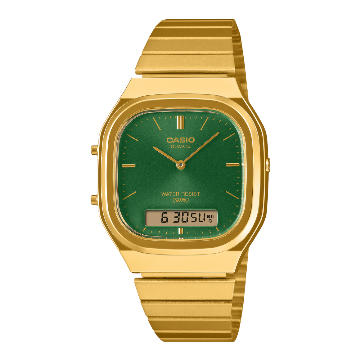 Casio Vintage AQ-240EG Armbanduhr mit grünem Zifferblatt und goldfarbenem Metallband