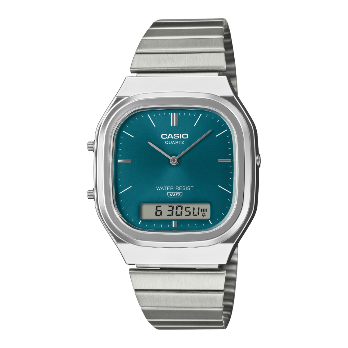 Zegarek Casio Vintage AQ-240E-3AEF w kolorze srebrnym z turkusową tarczą analogowo-cyfrową
