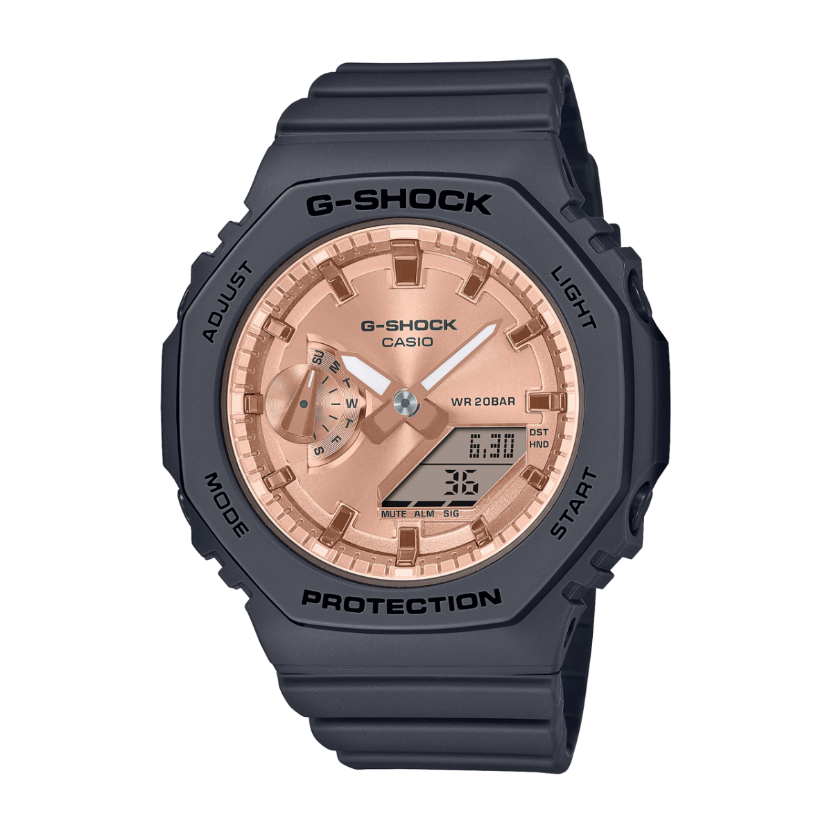 Zegarek damski Casio G-Shock z czarnym paskiem i tarczą w kolorze różowego złota