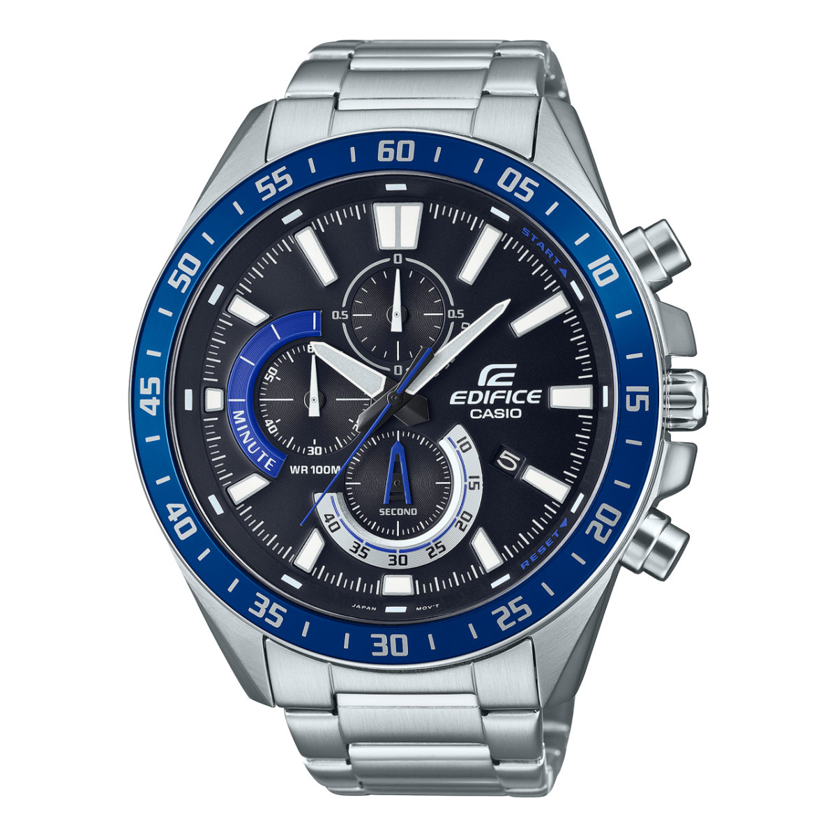 Męski zegarek chronograf Casio Edifice, niebieska tarcza, srebrna stalowa bransoleta