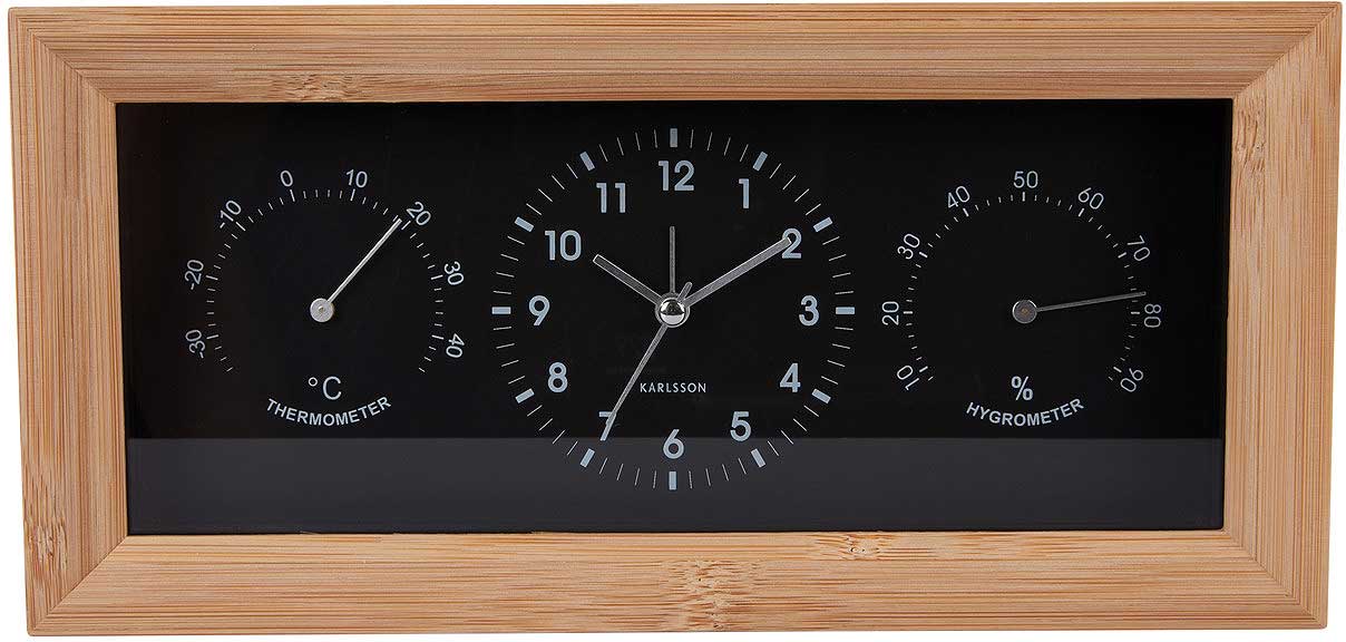 Karlsson Neat Rectangle Wecker 12.8x26x5.4 cm Bambus • Analoge Zeitanzeige • Mit Temperatur & Luftfeuchtigkeit
