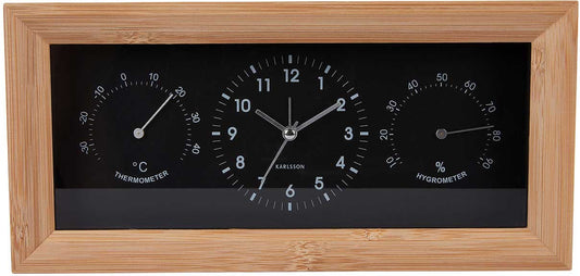 Karlsson Neat Rectangle Alarm Clock 12.8x26x5.4 cm Bamboo • Analog Time Display • With Temperature & Humidity