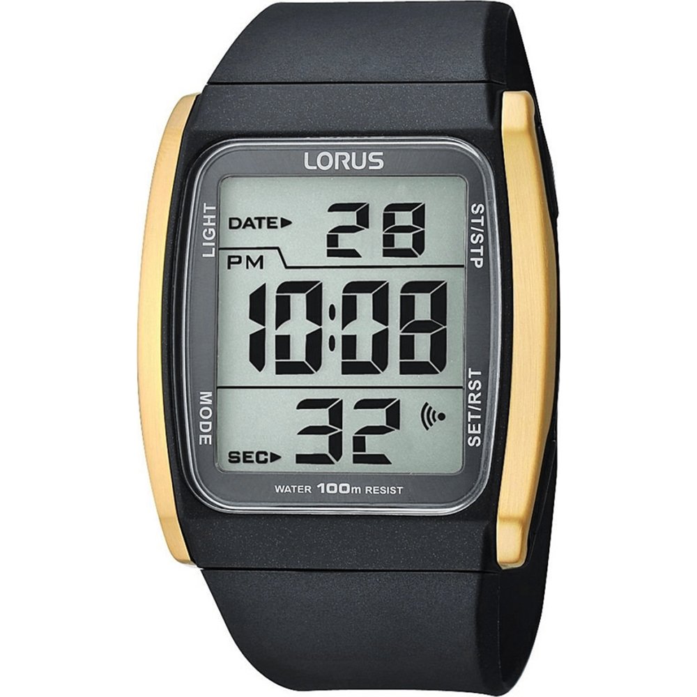 Czarny zegarek cyfrowy Lorus z wyświetlaczem LCD, złotymi bokami i datownikiem