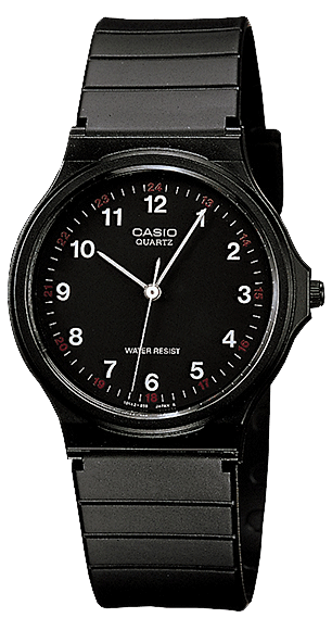 Zegarek Casio MQ-24-1BLLEG, analogowy, czarna tarcza i czarny pasek.