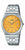 Zegarek męski Casio ze srebrną metalową bransoletą, okrągłą żółtą tarczą i datownikiem na godzinie 3