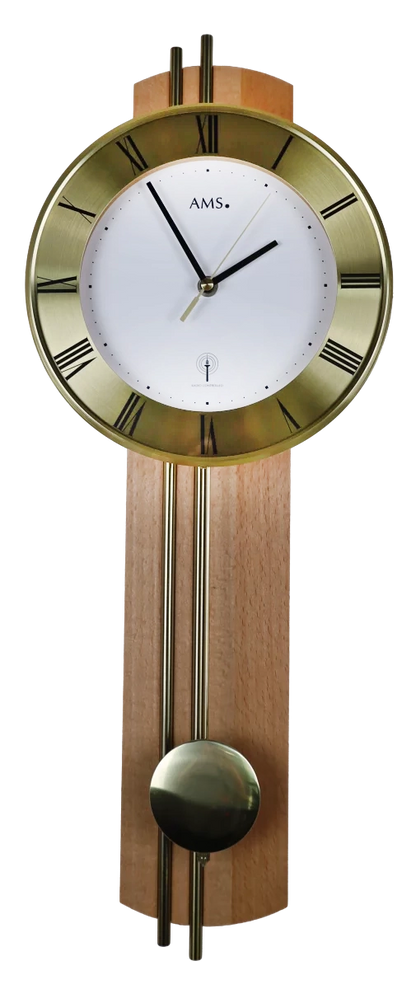 Horloge murale en bois AMS • Mouvement radio-piloté • Design classique avec balancier en laiton