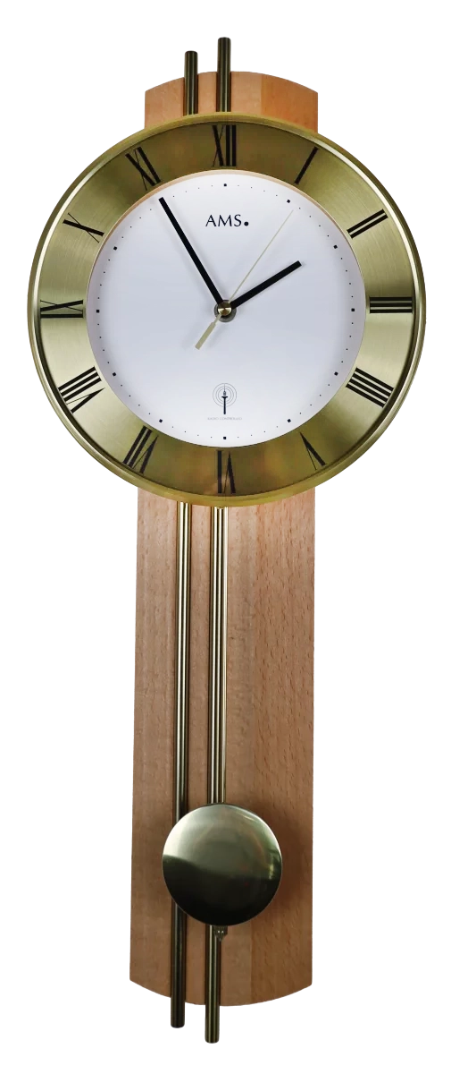 Horloge murale en bois AMS • Mouvement radio-piloté • Design classique avec balancier en laiton