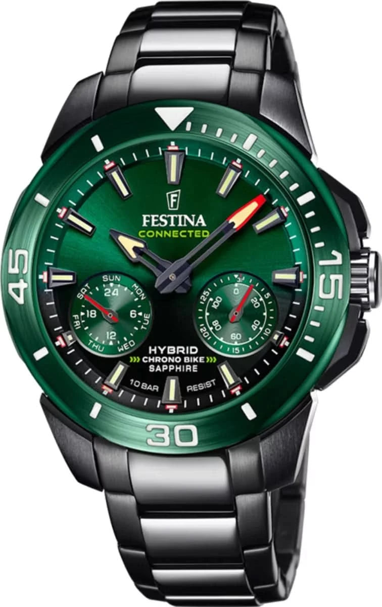 Zegarek męski Festina z zieloną tarczą, czarną metalową bransoletą i subtarczami chronografu