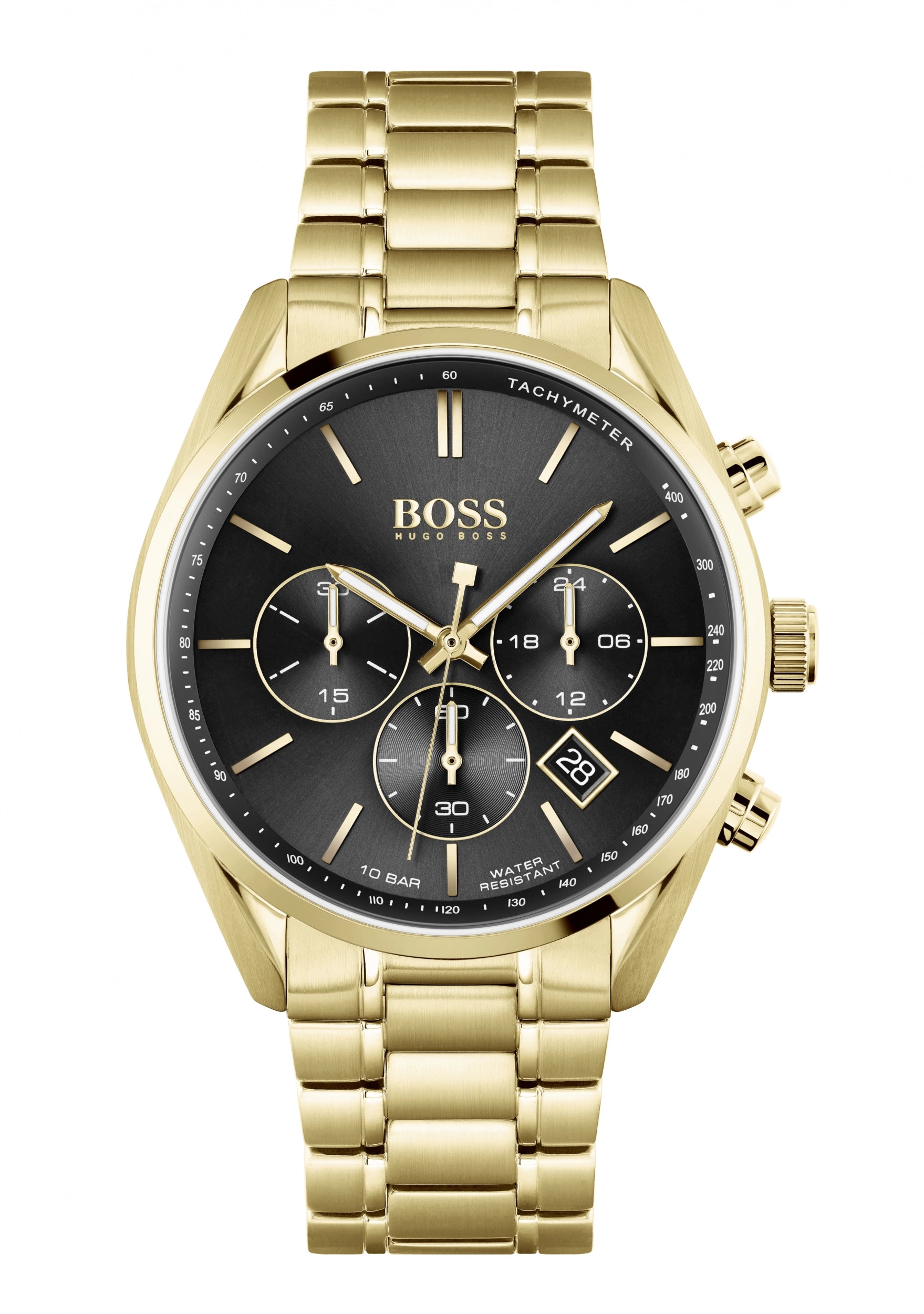 Zegarek męski BOSS Chronograph ze złotą bransoletą ze stali szlachetnej i czarną tarczą