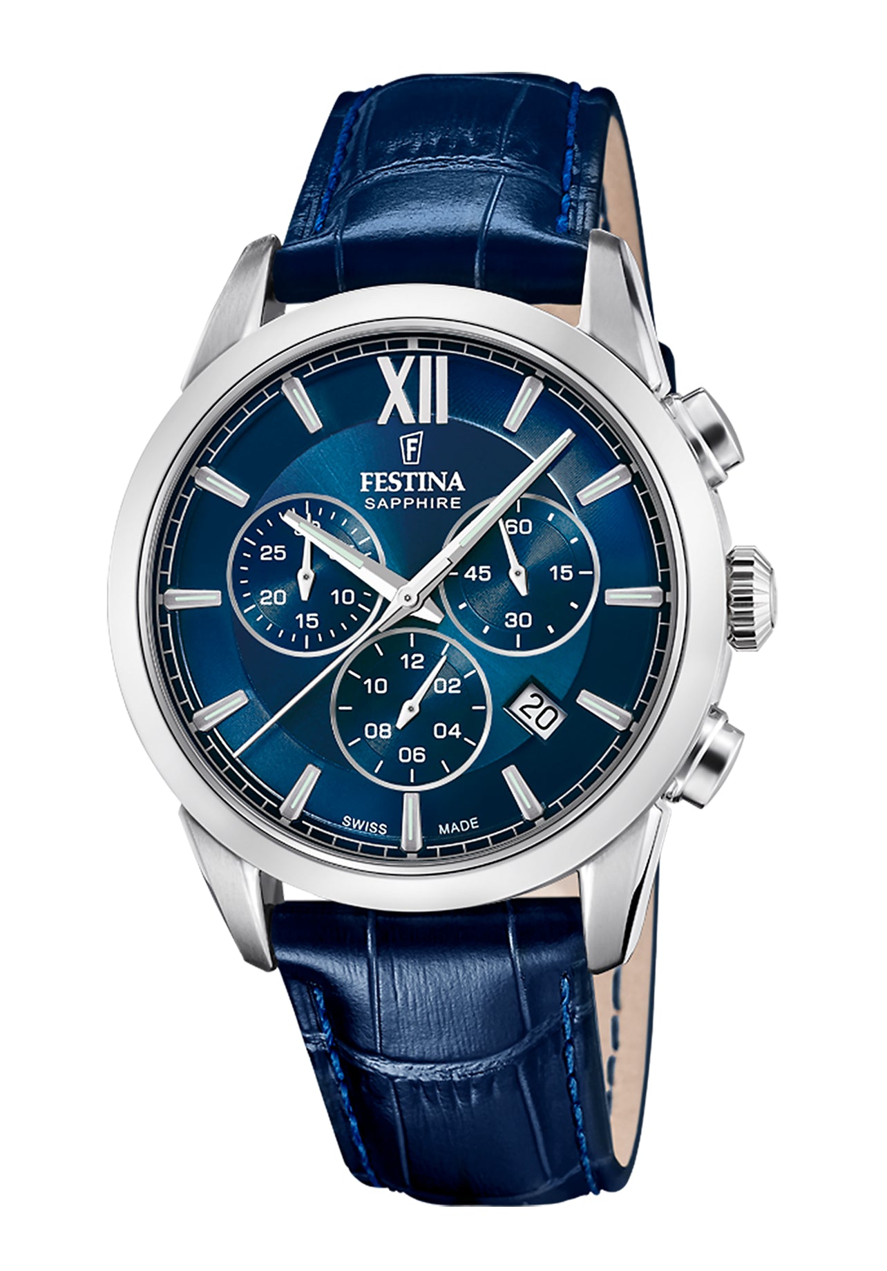 Męski zegarek Festina typu chronograf z niebieską tarczą, stalową kopertą i skórzanym paskiem