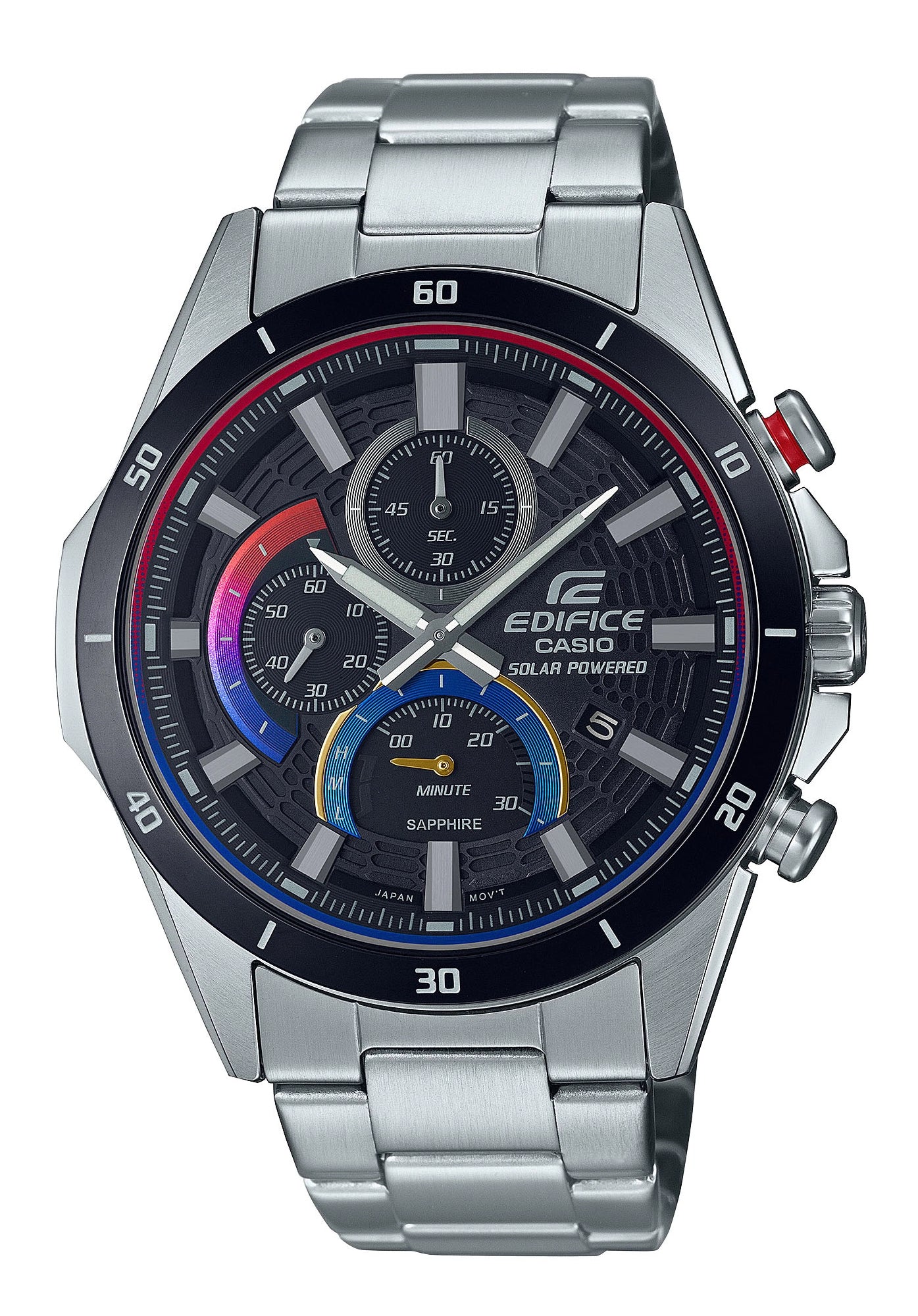 Zegarek męski Casio Edifice: czarna tarcza, stalowa bransoleta, szafirowe szkło