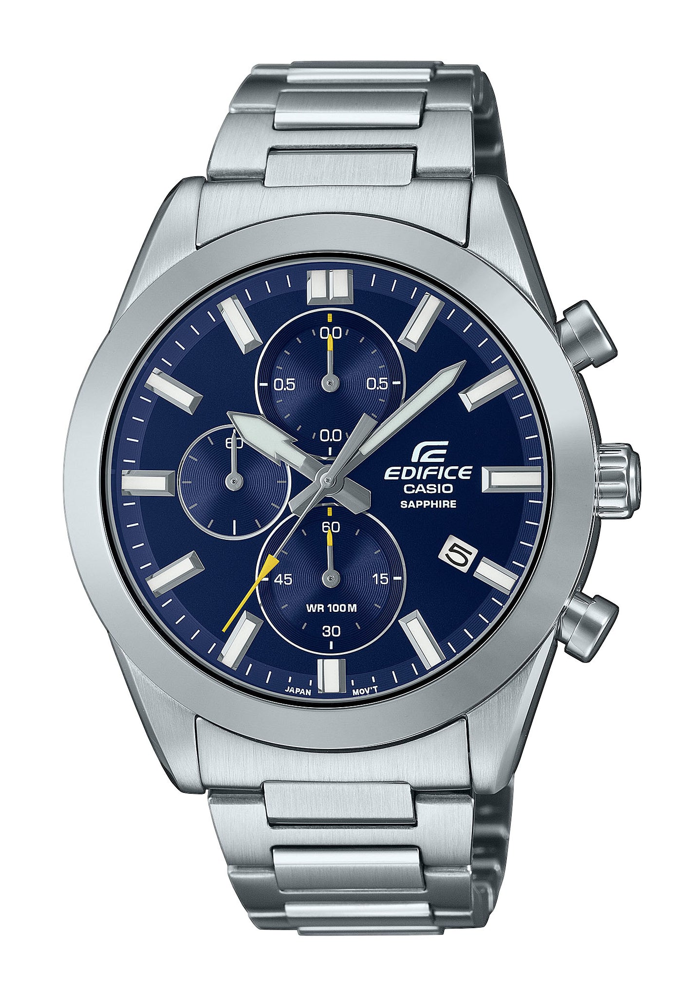 Męski zegarek chronograf Casio Edifice z niebieską tarczą, bransoletą ze stali szlachetnej i szafirowym szkłem