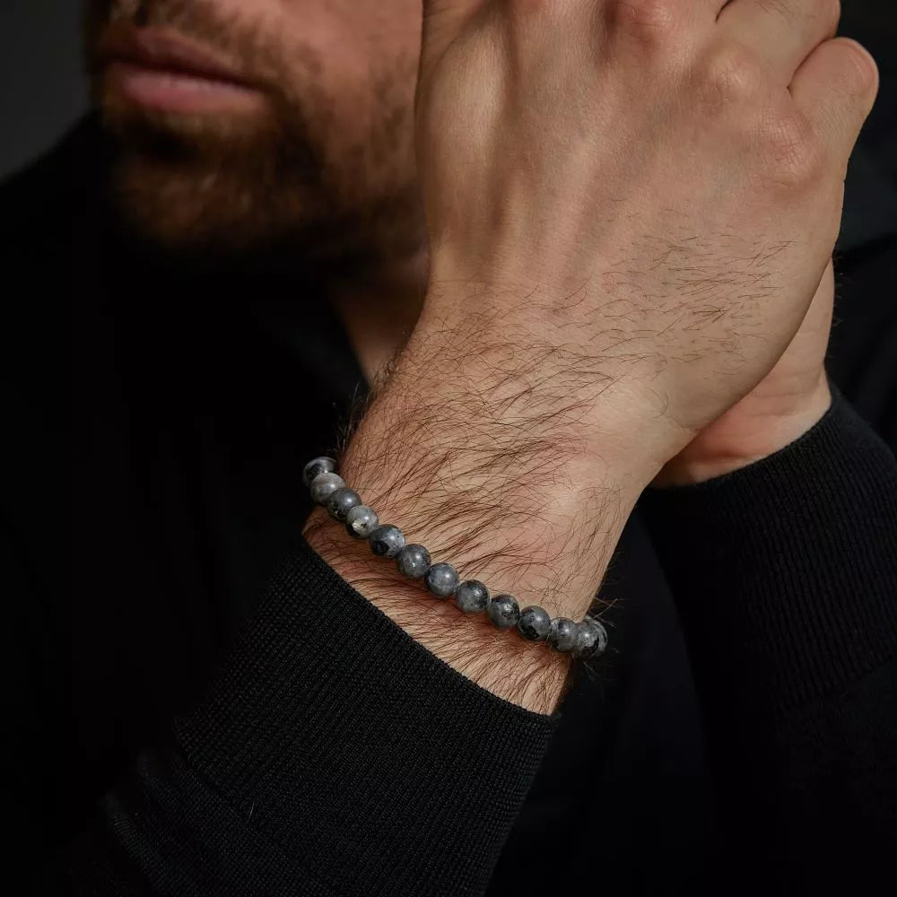 Armband aus 8mm großen Larvikit-Steinen mit Edelstahlverschluss - Rebel&Rose Modell: RR-80026-S-M