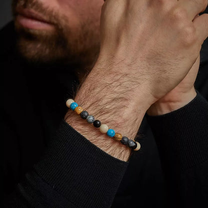 Armband aus 8mm großen Edelsteinen aus Achat, Larvikit, Lavastein, Bild Jaspis, Turqurenit und Fossil mit Edelstahlverschluss - Rebel&Rose Modell: RR-80064-S-L
