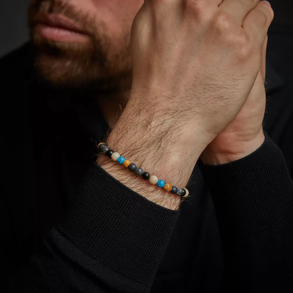 Armband aus 6mm Edelsteinen (Achat, Larvikit, Lavastein, Bild Jaspis, Turqurenit). Edelsteinen mit grauem Edelstahlverschluss - Rebel&Rose Modell: RR-60131-S-L