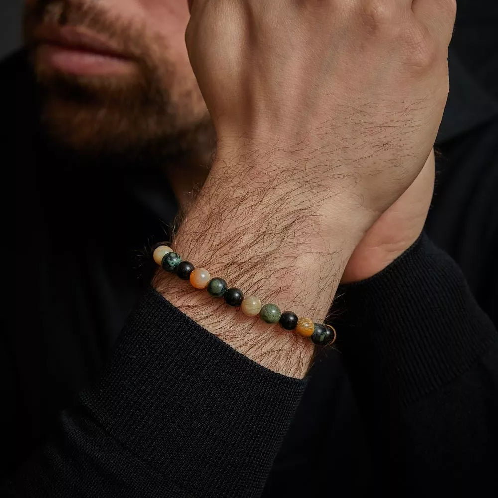Armband aus 8mm großen Edelsteinen aus Rhyolith, Chrysantheme und Achat mit Edelstahlverschluss - Rebel&Rose Modell: RR-80051-S-M