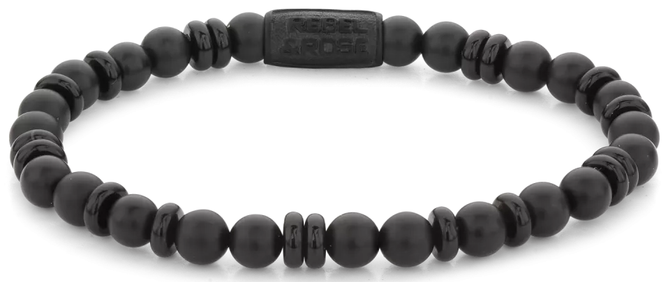 Armband aus 6mm schwarzen Onyx-Naturstein (teils scheibenförmig, teils perlenförmig) mit schwarzem Edelstahlverschluss - Rebel&Rose Modell: RR-60107-B-M
