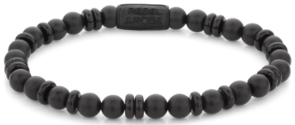 Armband aus 6mm schwarzen Onyx-Naturstein (teils scheibenförmig, teils perlenförmig) mit schwarzem Edelstahlverschluss - Rebel&Rose Modell: RR-60107-B-M