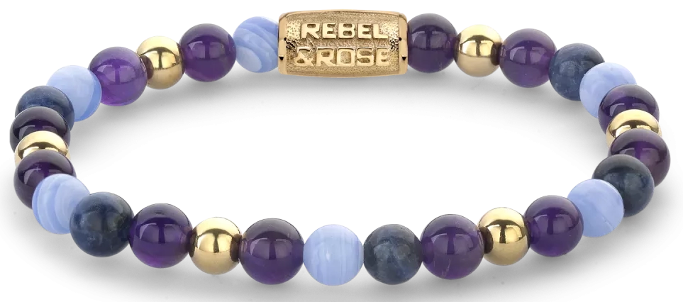 Armband aus 6mm Steinen (Amethyst, Sodalith, Achat, Stahl 18 Karat vergoldet) mit goldplattiertem Edelstahlverschluss - Rebel&Rose Modell: RR-60109-G-M