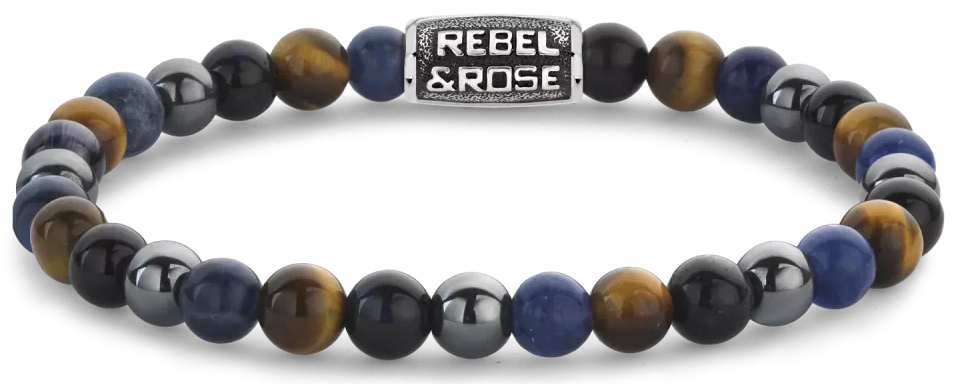 Armband aus 6mm Sodalith, gelbem Tigerauge, blauem Tigerauge und grauem Hämatit Edelsteinen mit grauem Edelstahlverschluss - Rebel&Rose Modell: RR-60110-V-L