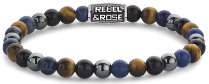 Armband aus 6mm Sodalith, gelbem Tigerauge, blauem Tigerauge und grauem Hämatit Edelsteinen mit grauem Edelstahlverschluss - Rebel&Rose Modell: RR-60110-V-M