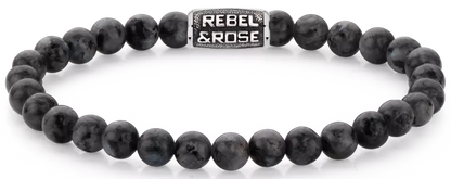 Armband aus 6mm schwarzen Larvikit-Edelsteinen mit schwarzem Edelstahlverschluss - Rebel&Rose Modell: RR-60117-V-L