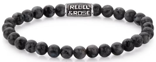 Armband aus 6mm schwarzen Larvikit-Edelsteinen mit schwarzem Edelstahlverschluss - Rebel&Rose Modell: RR-60117-V-M