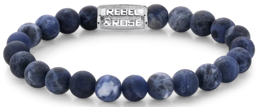 Armband aus 8mm großen Sodalitsteinen mit Edelstahlverschluss - Rebel&Rose Modell: RR-80022-S-L