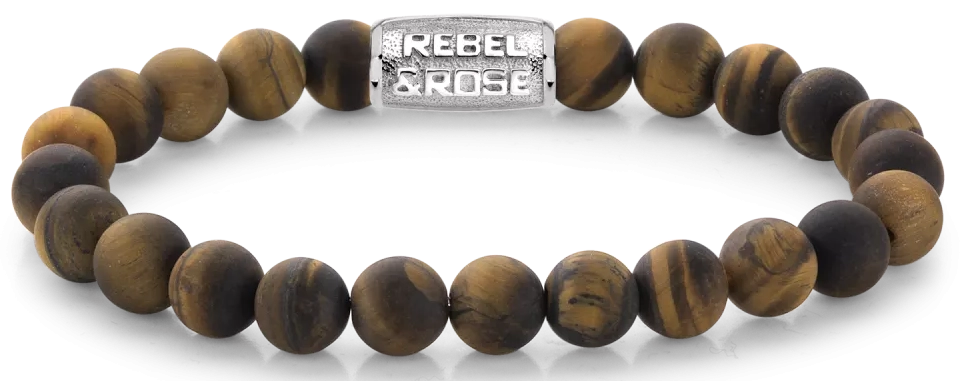 Armband aus 8mm großen Tigerauge-Steinen mit Edelstahlverschluss - Rebel&Rose Modell: RR-80023-S-L
