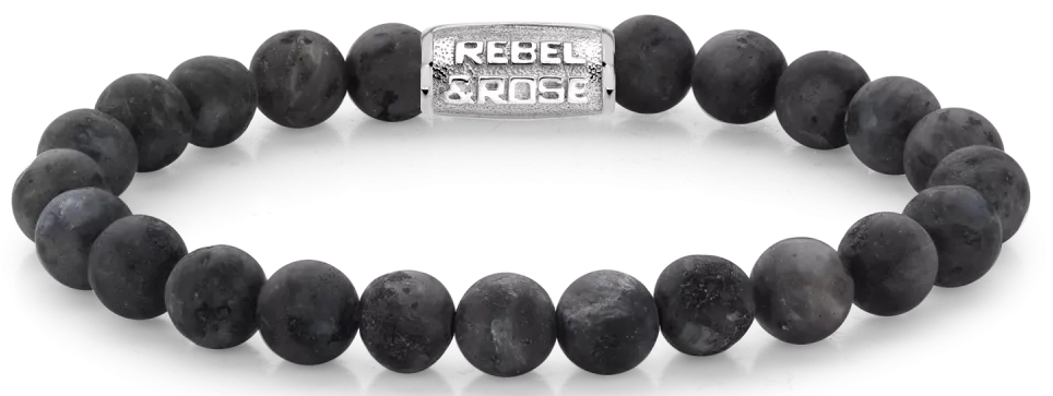Armband aus 8mm großen Larvikit-Steinen mit Edelstahlverschluss - Rebel&Rose Modell: RR-80025-S-L