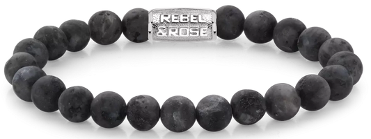 Armband aus 8mm großen Larvikit-Steinen mit Edelstahlverschluss - Rebel&Rose Modell: RR-80025-S-L