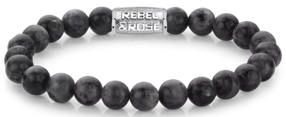 Armband aus 8mm großen Larvikit-Steinen mit Edelstahlverschluss - Rebel&Rose Modell: RR-80026-S-M