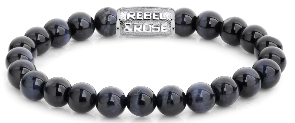 Armband aus 8mm großen dunkelblauen Tigerauge-Steinen mit Edelstahlverschluss - Rebel&Rose Modell: RR-80039-S-L