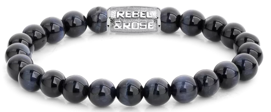 Armband aus 8mm großen dunkelblauen Tigerauge-Steinen mit Edelstahlverschluss - Rebel&Rose Modell: RR-80039-S-L