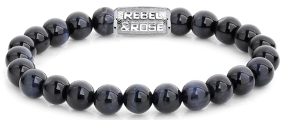 Armband aus 8mm großen dunkelblauen Tigerauge-Steinen mit Edelstahlverschluss - Rebel&Rose Modell: RR-80039-S-M