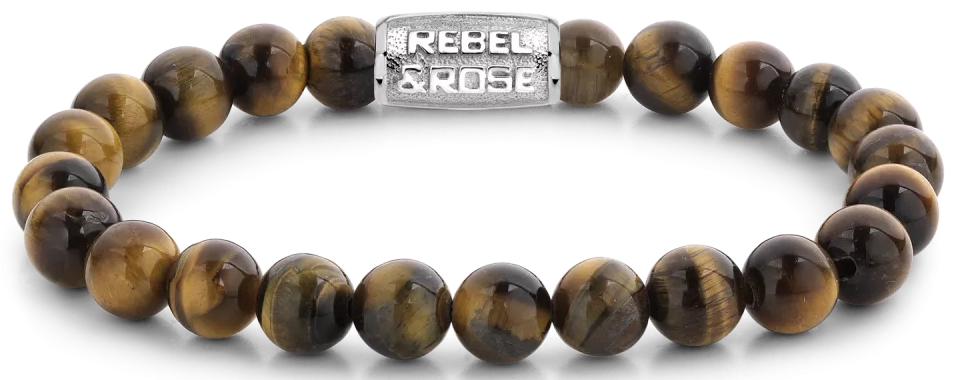 Armband aus 8mm großen Tigerauge-Steinen mit Edelstahlverschluss - Rebel&Rose Modell: RR-80042-S-M