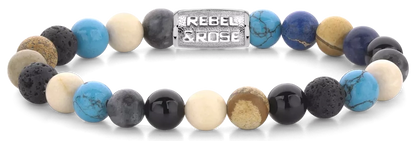 Armband aus 8mm großen Edelsteinen aus Achat, Larvikit, Lavastein, Bild Jaspis, Turqurenit und Fossil mit Edelstahlverschluss - Rebel&Rose Modell: RR-80064-S-M