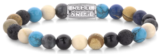 Armband aus 8mm großen Edelsteinen aus Achat, Larvikit, Lavastein, Bild Jaspis, Turqurenit und Fossil mit Edelstahlverschluss - Rebel&Rose Modell: RR-80064-S-M