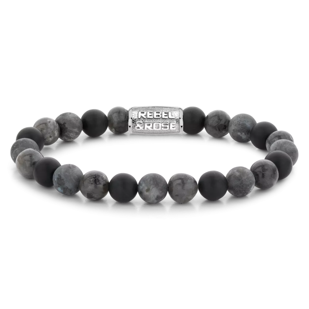 Armband aus 8mm großen grauen Edelsteinen mit Edelstahlverschluss - Rebel&Rose Modell: RR-80069-S-M