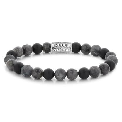 Armband aus 8mm großen grauen Edelsteinen mit Edelstahlverschluss - Rebel&Rose Modell: RR-80069-S-M