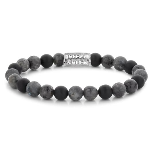 Armband aus 8mm großen grauen Edelsteinen mit Edelstahlverschluss - Rebel&Rose Modell: RR-80069-S-M