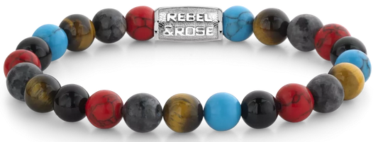 Armband aus 8mm großen bunten Natursteinen mit Edelstahlverschluss - Rebel&Rose Modell: RR-80083-S-L