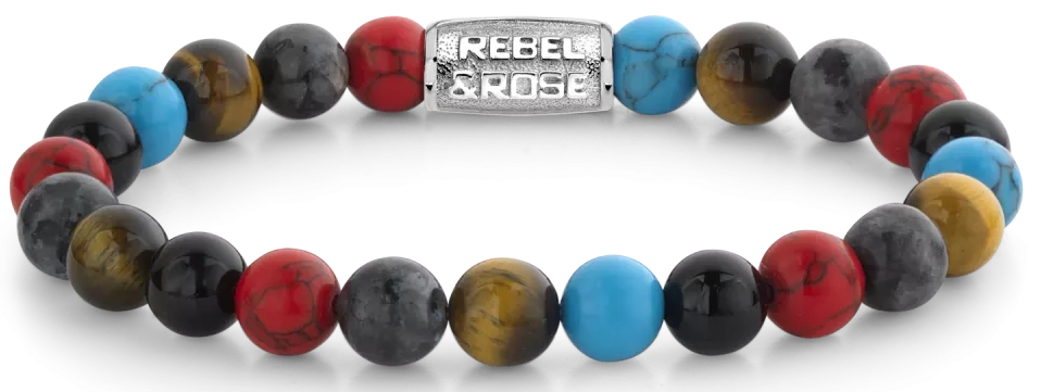 Armband aus 8mm großen bunten Natursteinen mit Edelstahlverschluss - Rebel&Rose Modell: RR-80083-S-M