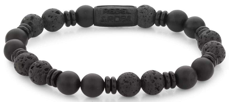 Armband aus 8mm großen schwarzen Onyx-Edelsteinen mit schwarzem Stahlverschluss - Rebel&Rose Modell: RR-80093-B-M
