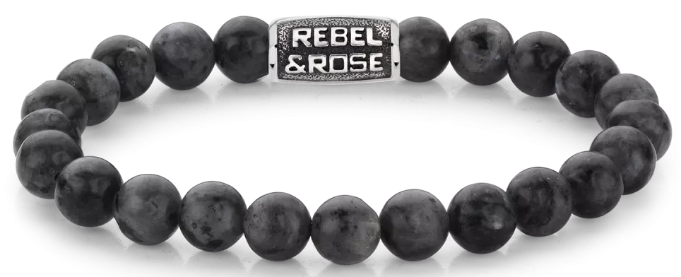 Armband aus 8mm großen schwarzen Larvikit-Edelsteinen mit schwarzem Stahlverschluss - Rebel&Rose Modell: RR-80097-V-L