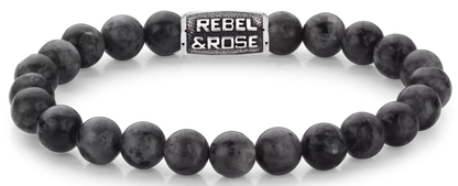 Armband aus 8mm großen schwarzen Larvikit-Edelsteinen mit schwarzem Stahlverschluss - Rebel&Rose Modell: RR-80097-V-L