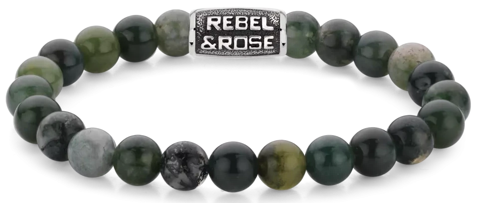 Bransoletka z koralików mchu agatowego w kolorze ciemnozielonym ze stalowym zapięciem, Rebel&Rose