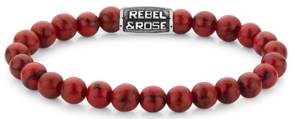 Armband aus 8mm großen roten Edelsteinen mit grauem Edelstahlverschluss - Rebel&Rose Modell: RR-80099-V-L